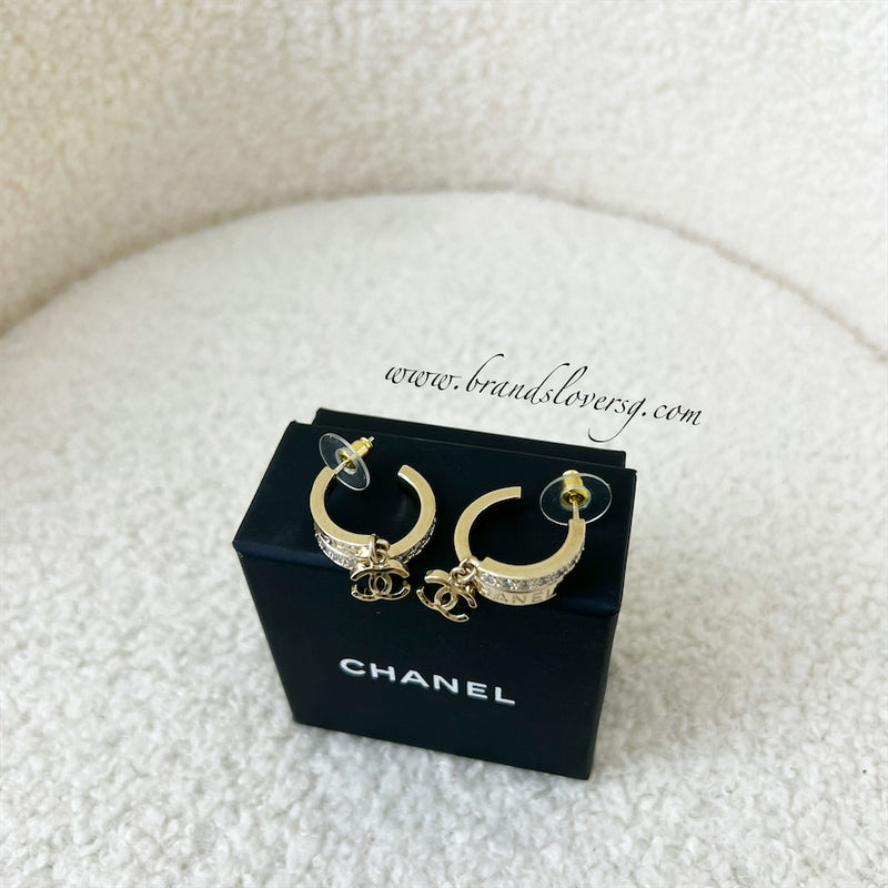 Chanel 22B Small Hoop Dangling CC Earrings with Crystals in LGHW