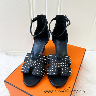 Hermes Black Leather Heels with Silver Studs