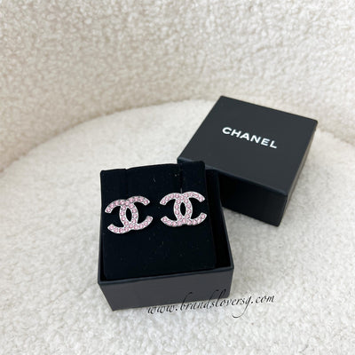 Chanel 17K CC Logo Earrings with Pink Crystals in Silver Hardware