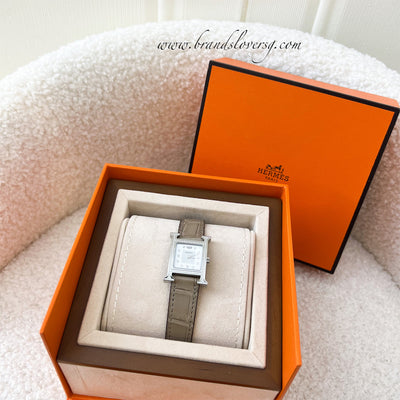 Hermes Heure H PM Watch with Full Diamond Bezel and Markers and Etoupe Alligator Strap
