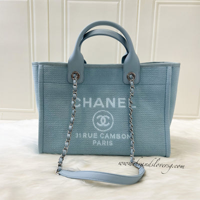 Chanel Small Deauville Tote in 22P Baby Blue Fabric SHW