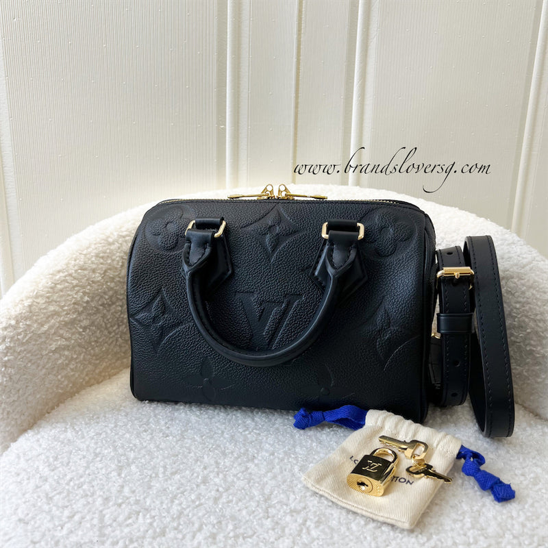 LV Speedy Bandouliere 20 in Black Monogram Empreinte Leather with Gold/Black Strap