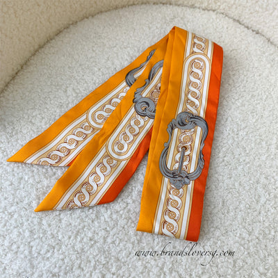 Hermes 100% Silk Twilly (Bride De Cour - To / Vermillon / Orange / Gris)