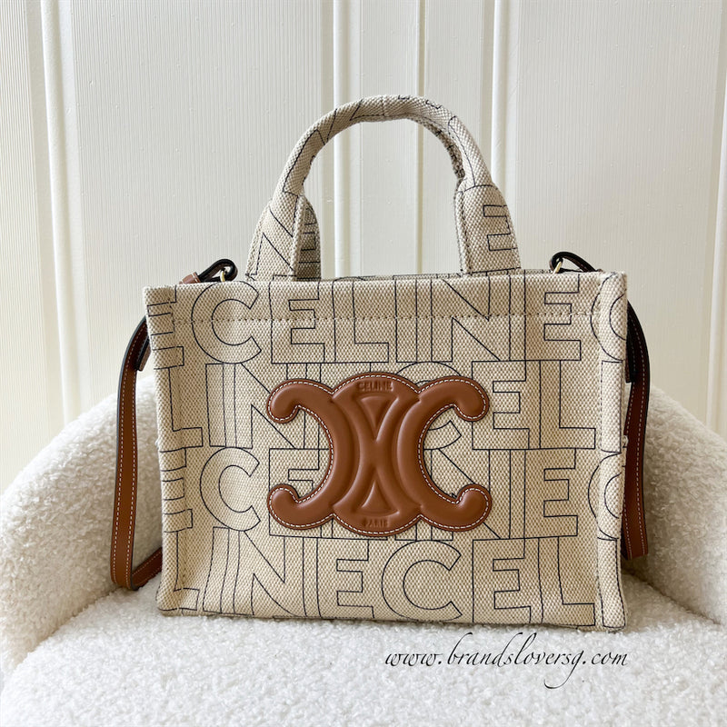 Celine Small Cabas Thais in Celine All-over Print Textile in Natural and with Tan Calfskin Trim