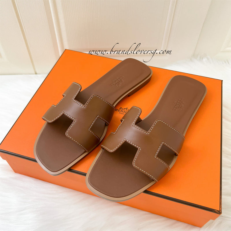 Hermes Oran Sandals in Gold Box Leather Sz 36