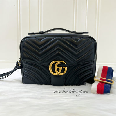 Gucci GG Marmont Top Handle Camera Bag with Web Striped Strap in Black Calfskin AGHW
