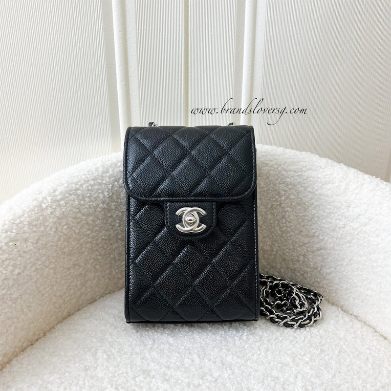 Chanel 20B Vertical Phone Clutch with Chain in Black Caviar SHW