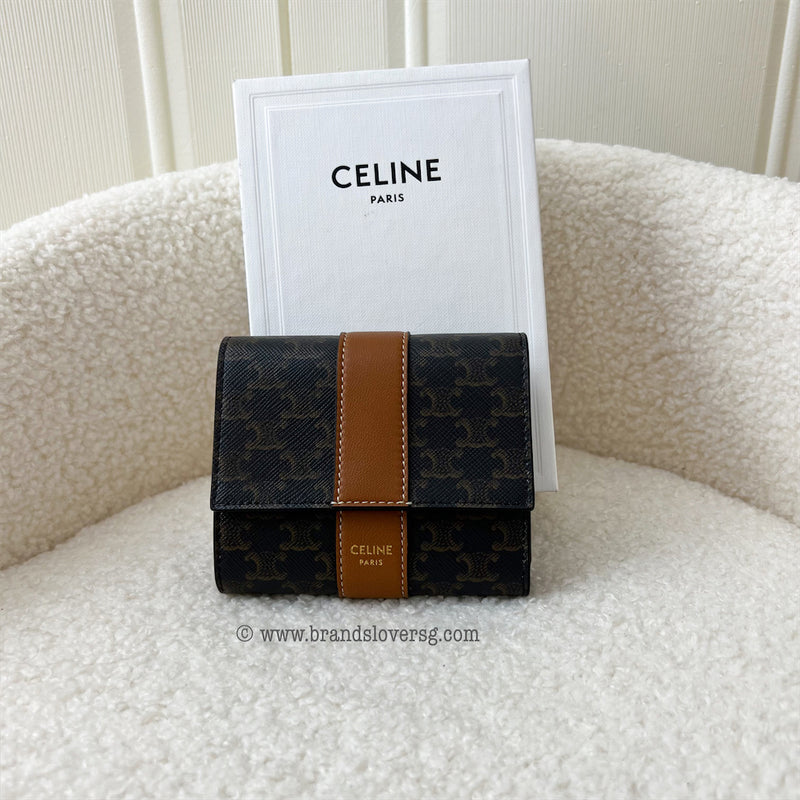 Celine Small Trifold Wallet in Triomphe Canvas & Lambskin Tan