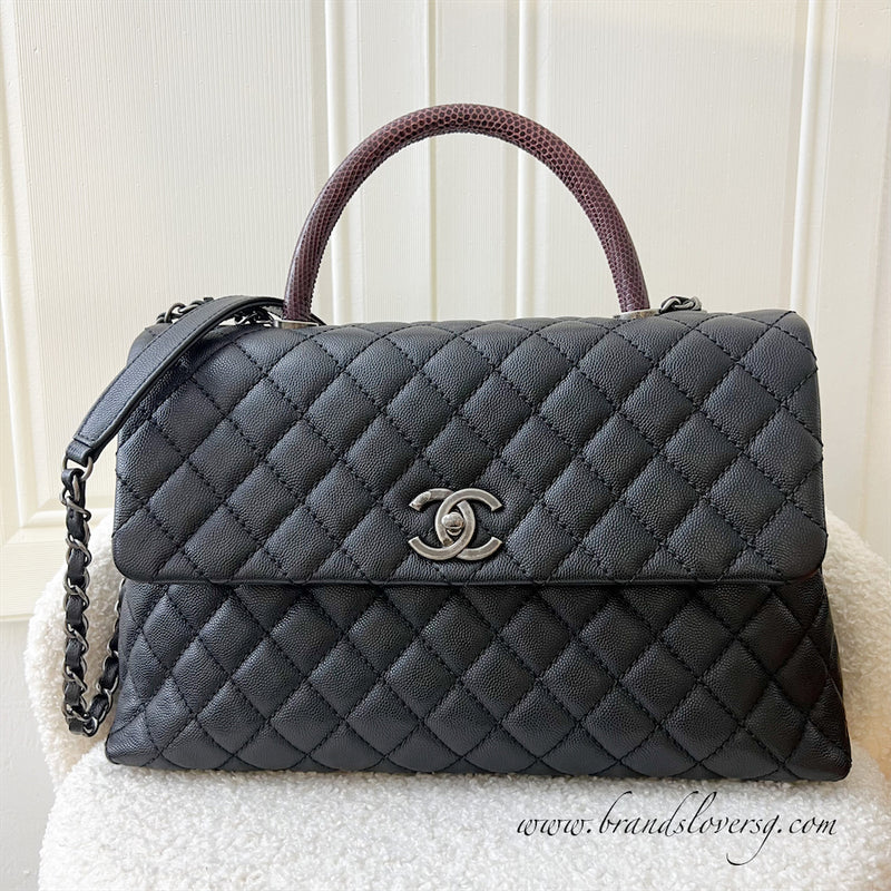 Chanel Large 32cm Coco handle in Black Caviar, Burgundy Lizard Embossed Calfskin Handle and RHW