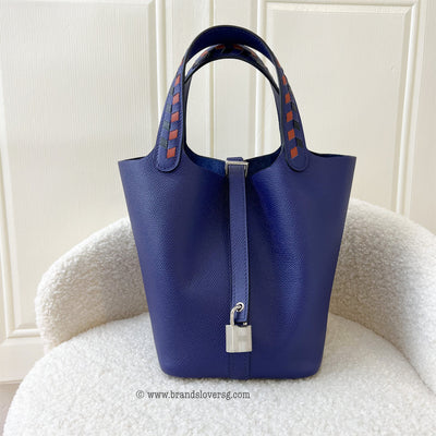 Hermes Picotin 18 Tressage in Bleu Encre Epsom Leather with Brique / Noir Handles and PHW
