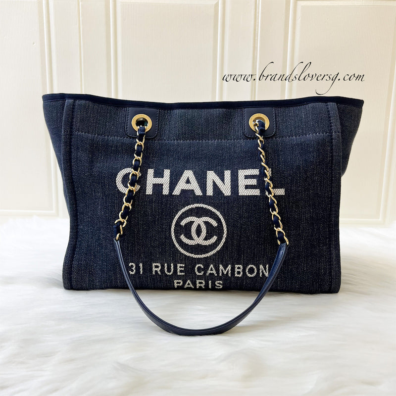 Chanel Small / Medium Deauville Shopping Tote in Dark Blue Denim Fabric and  LGHW