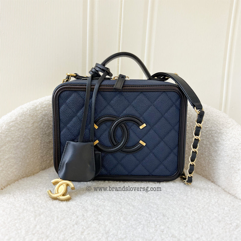 Chanel Medium Filigree Vanity in Navy Blue Caviar, Black Trim and AGHW