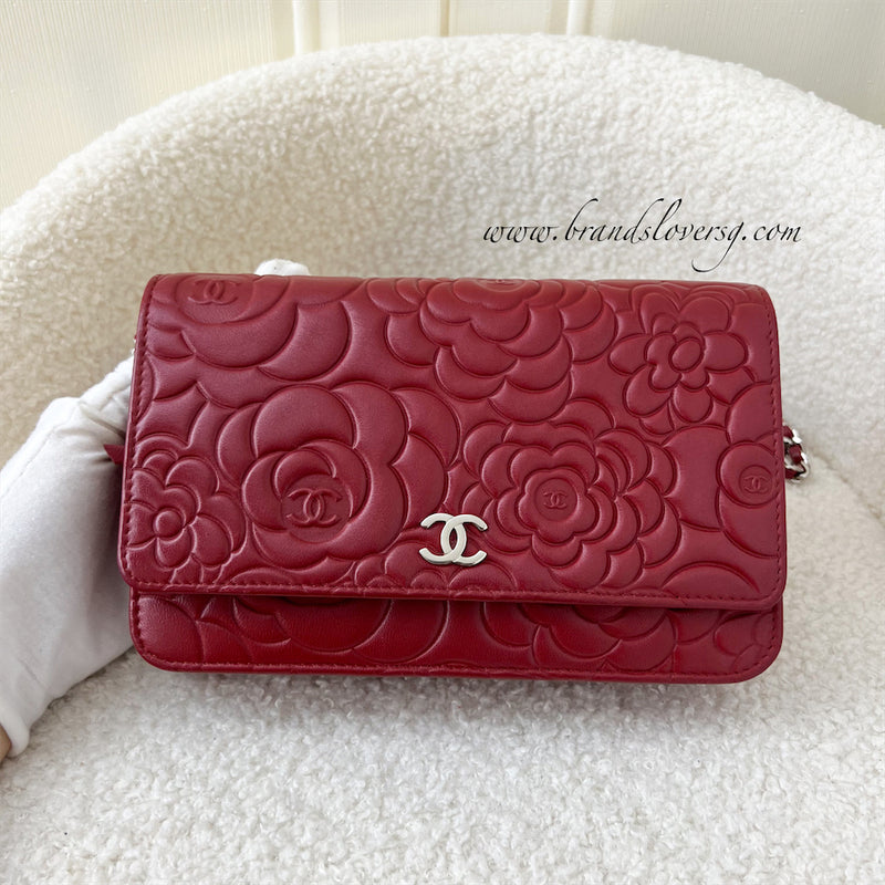 Chanel Classic Wallet on Chain WOC in Camellia Embossed Red Lambskin SHW