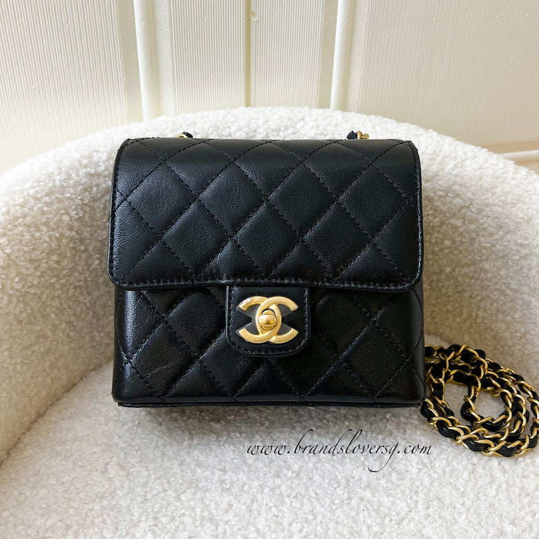 Chanel 22K Mini Square Flap in Black Goatskin GHW