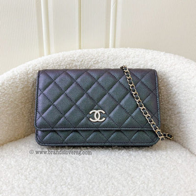 Chanel 19S Wallet on Chain WOC in Iridescent Black / Grey Caviar with MOP Logo
